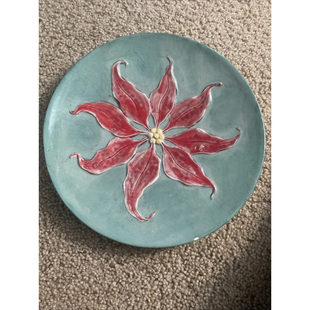 Ceramic Poinsettia Plate, Hand Painted 10
